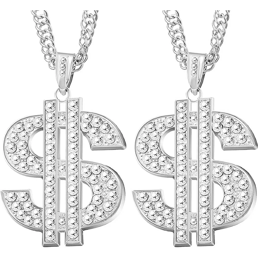 2 Pieces Gold/Silver Plated Chain for Men with Dollar Sign Pendant Necklace, Hip Hop Dollar Necklace | Multiple Colors