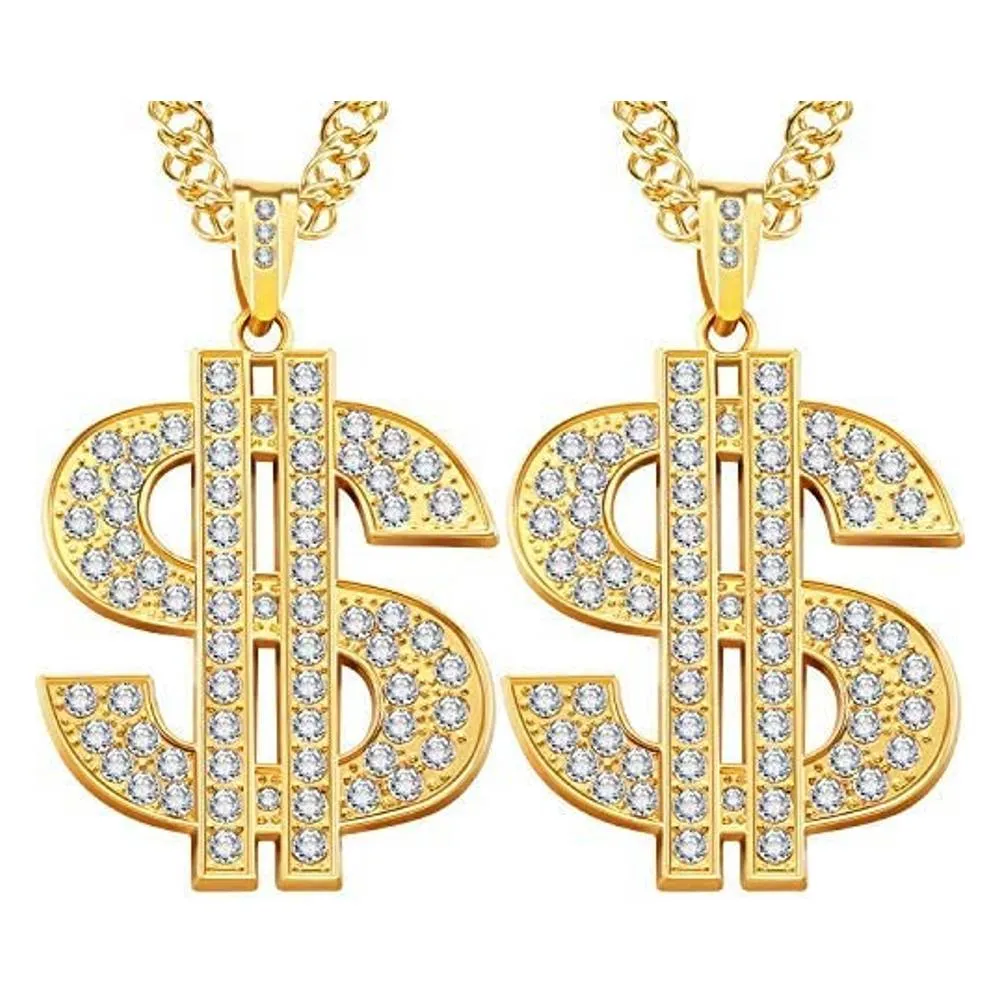 2 Pieces Gold/Silver Plated Chain for Men with Dollar Sign Pendant Necklace, Hip Hop Dollar Necklace | Multiple Colors