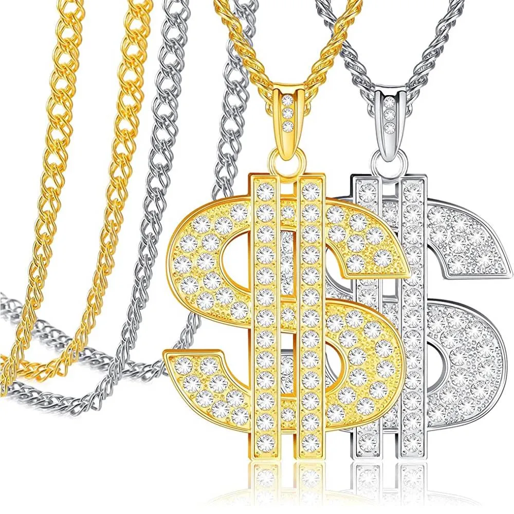 2 Pieces Gold/Silver Plated Chain for Men with Dollar Sign Pendant Necklace, Hip Hop Dollar Necklace | Multiple Colors