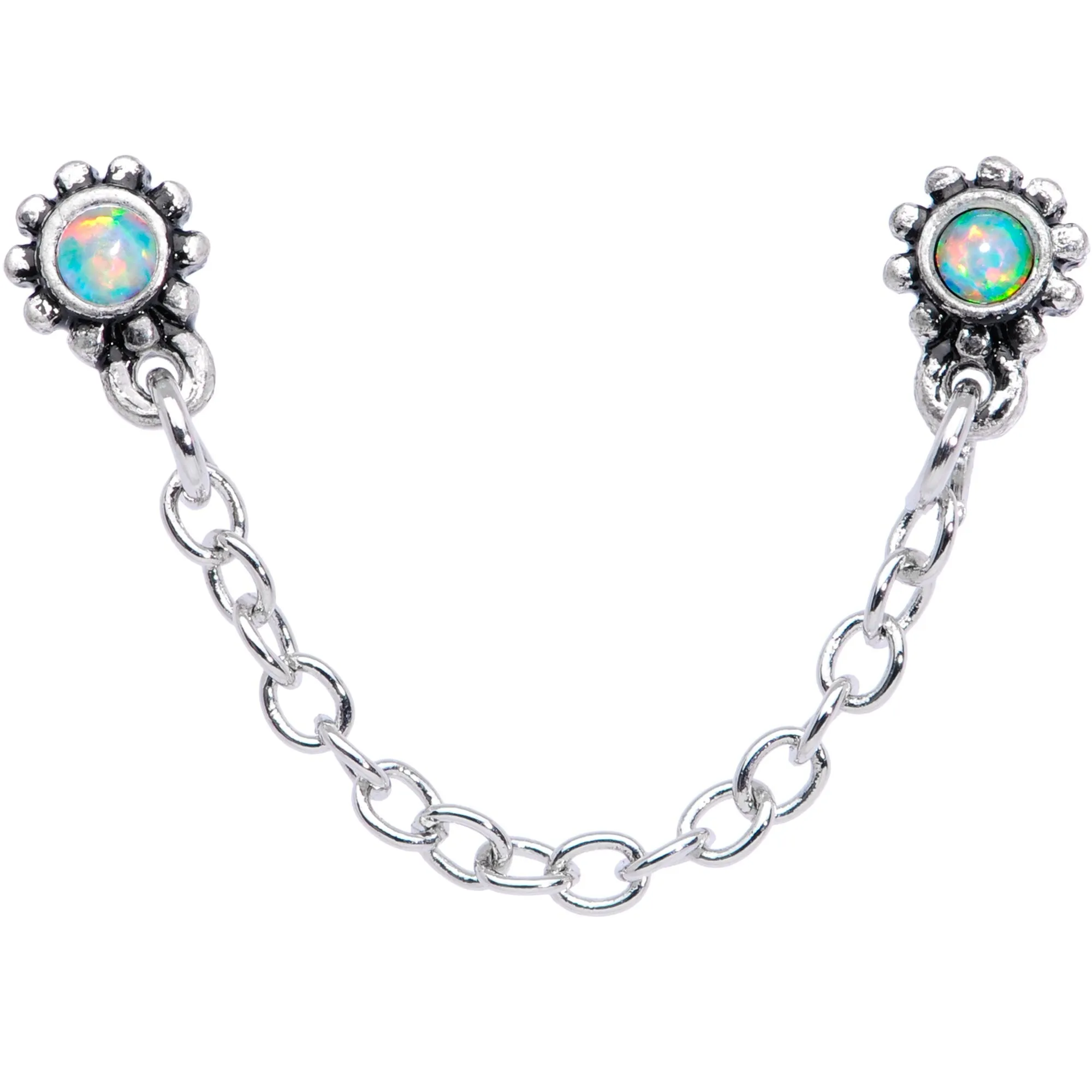 20 Gauge 1/4 White Synthetic Opal Chain Dangle Double Nose Bone