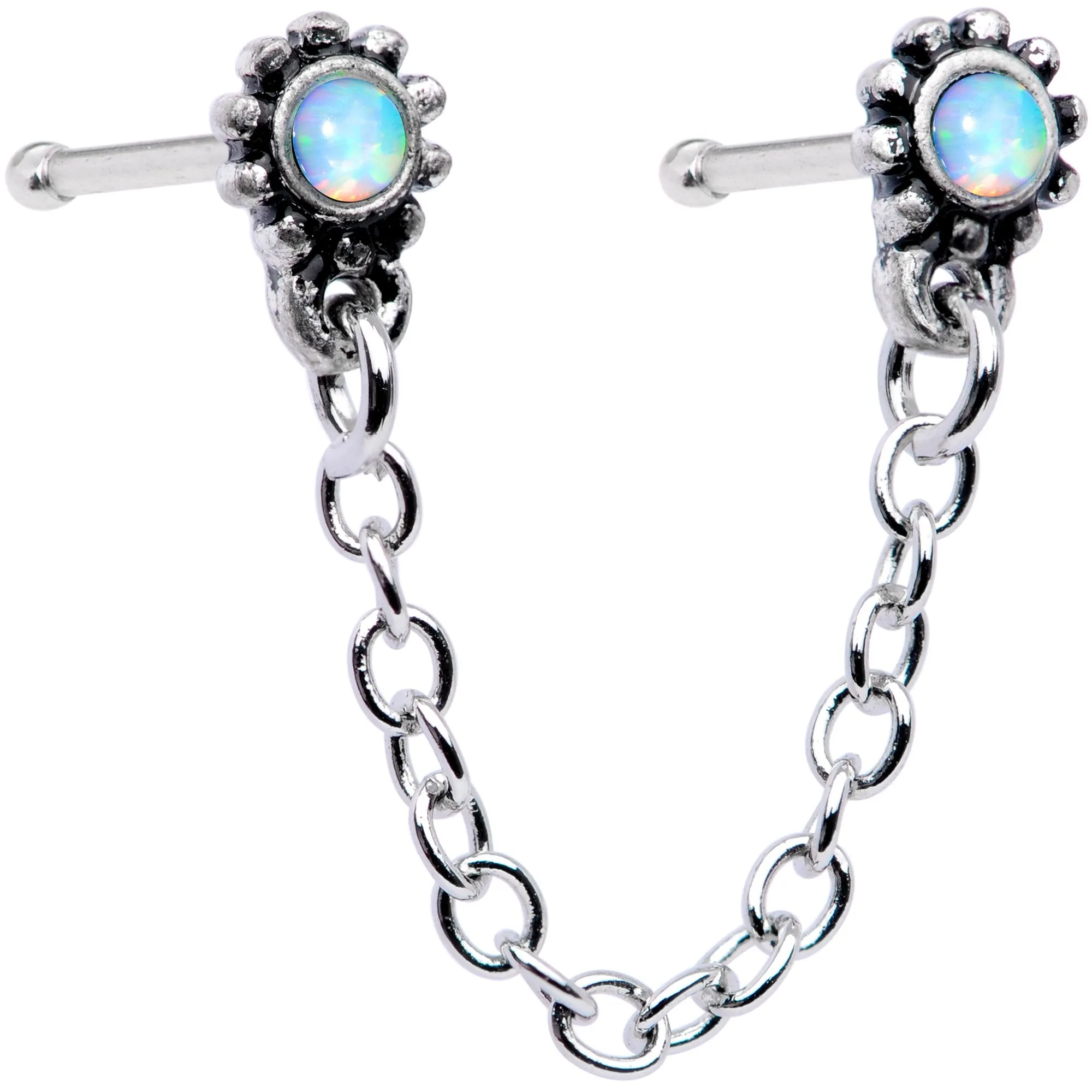 20 Gauge 1/4 White Synthetic Opal Chain Dangle Double Nose Bone