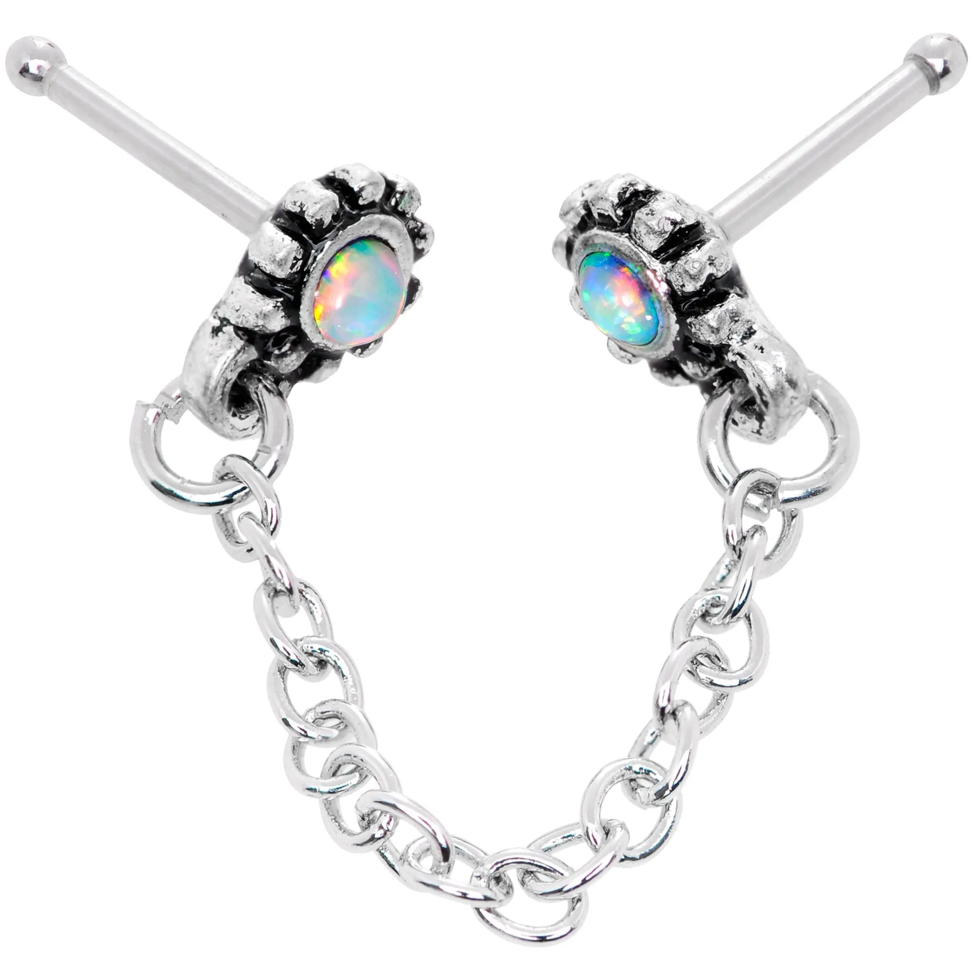 20 Gauge 1/4 White Synthetic Opal Chain Dangle Double Nose Bone