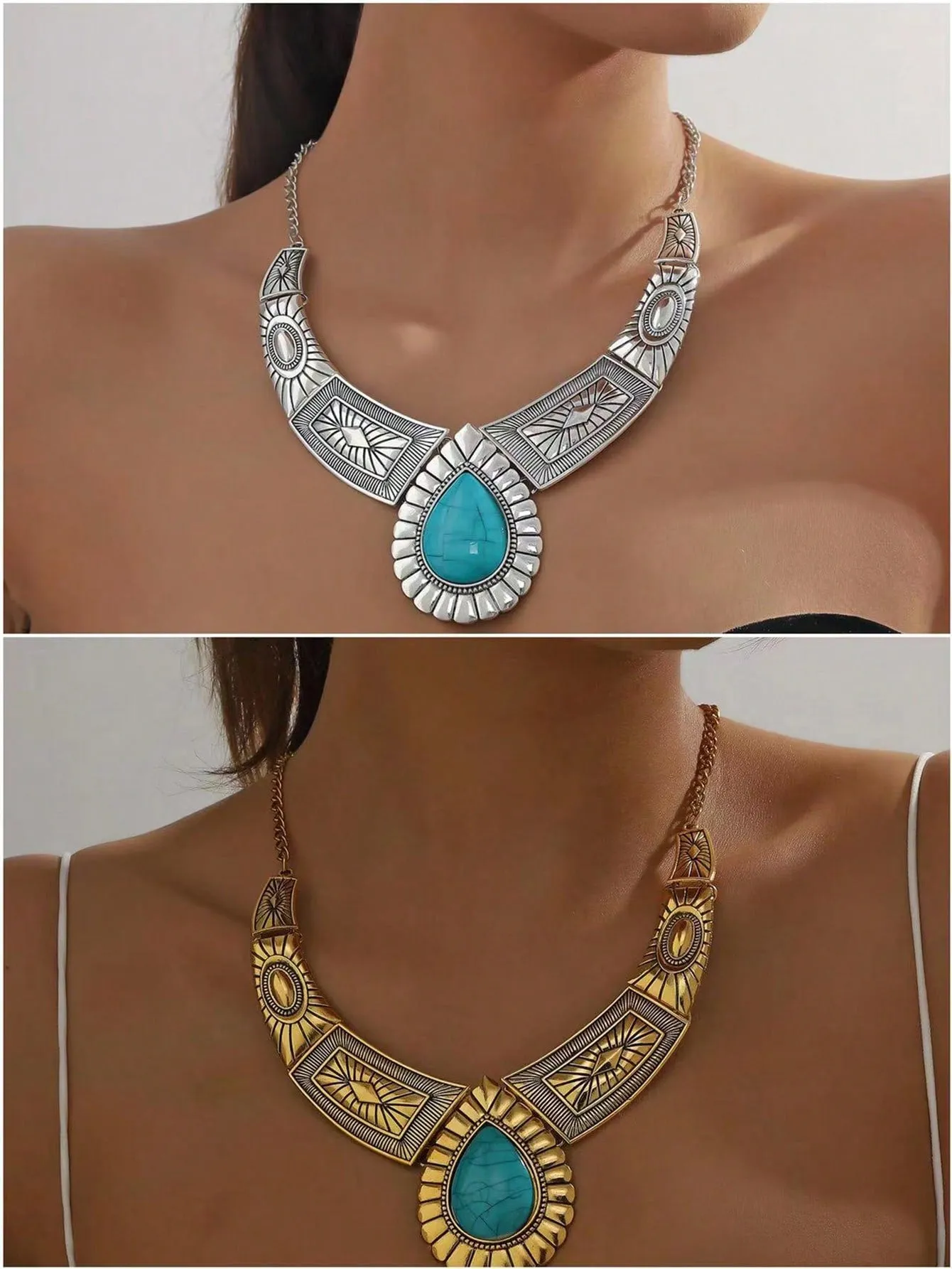 3pcs/Set Metal Chain Fan Shape Pendant With Resin & Turquoise Drop Stone Inlay