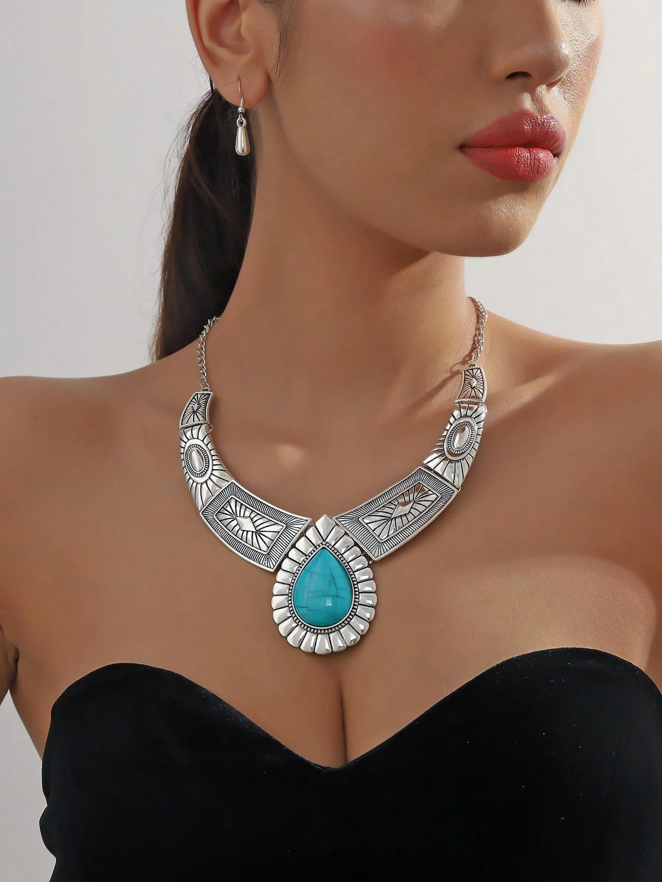 3pcs/Set Metal Chain Fan Shape Pendant With Resin & Turquoise Drop Stone Inlay