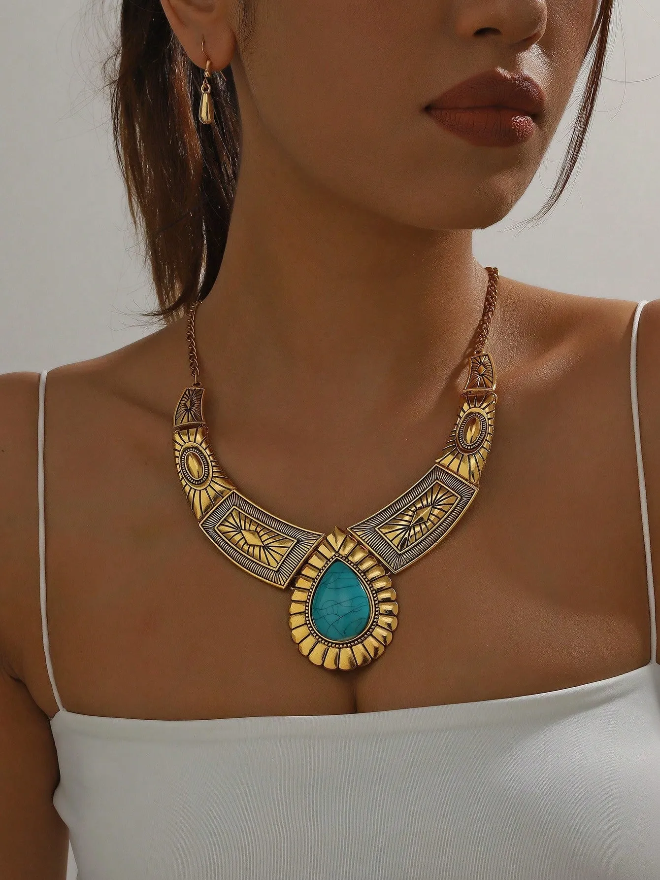 3pcs/Set Metal Chain Fan Shape Pendant With Resin & Turquoise Drop Stone Inlay