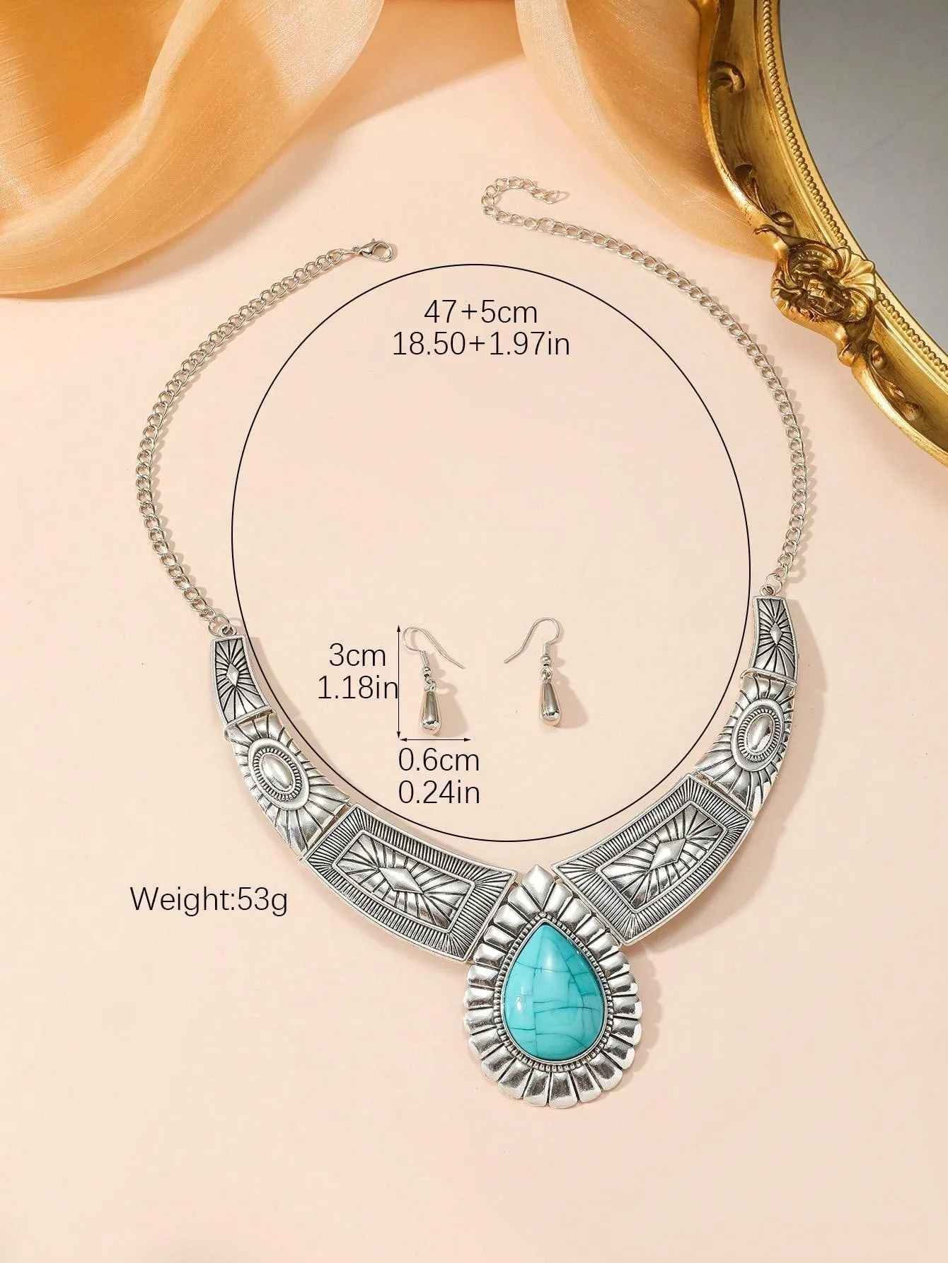 3pcs/Set Metal Chain Fan Shape Pendant With Resin & Turquoise Drop Stone Inlay