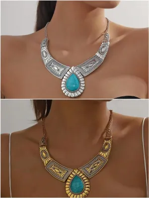 3pcs/Set Metal Chain Fan Shape Pendant With Resin & Turquoise Drop Stone Inlay