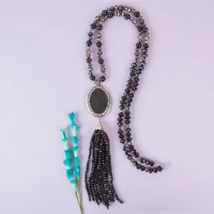 72934 - Animal Print Beaded Tassel Necklace - Black