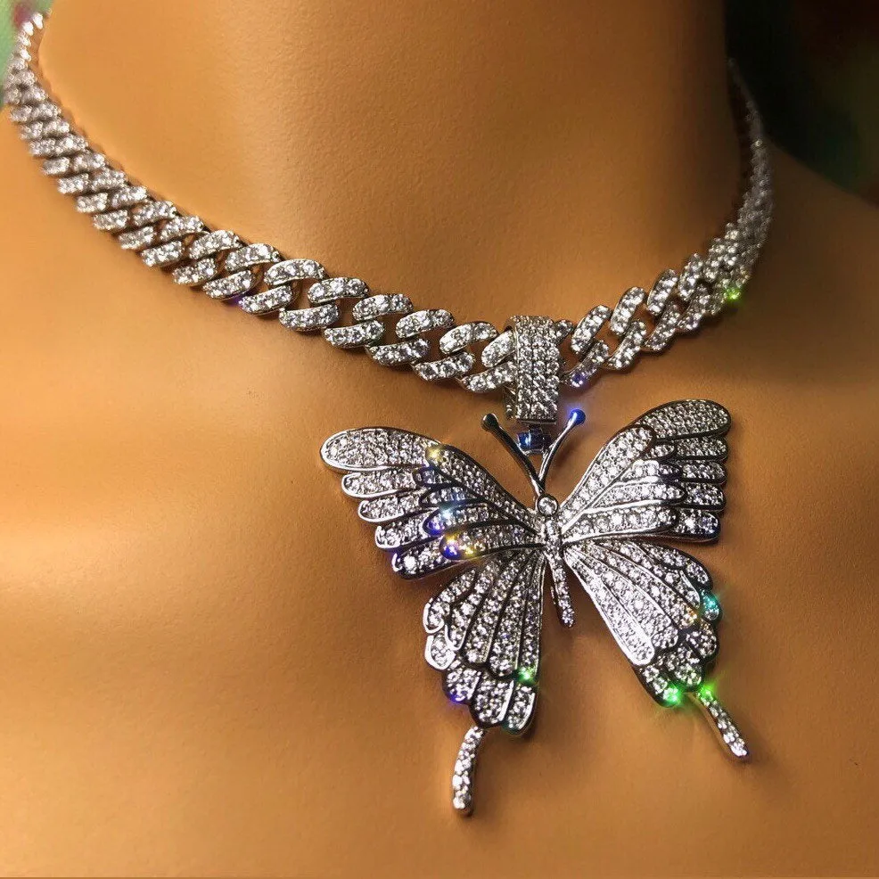 9mm  butterfly cuban choker  necklace , blinged iced cuban butterfly necklace ,butterfly necklace ,butterfly pendant jewelry