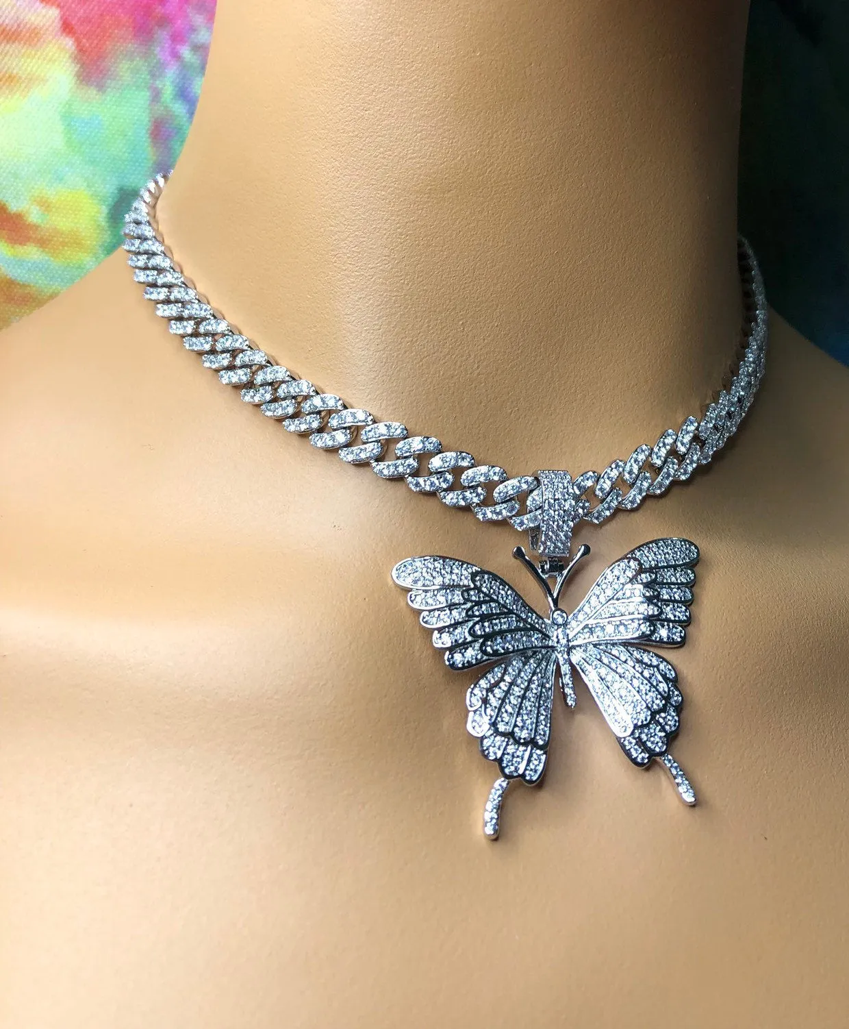 9mm  butterfly cuban choker  necklace , blinged iced cuban butterfly necklace ,butterfly necklace ,butterfly pendant jewelry