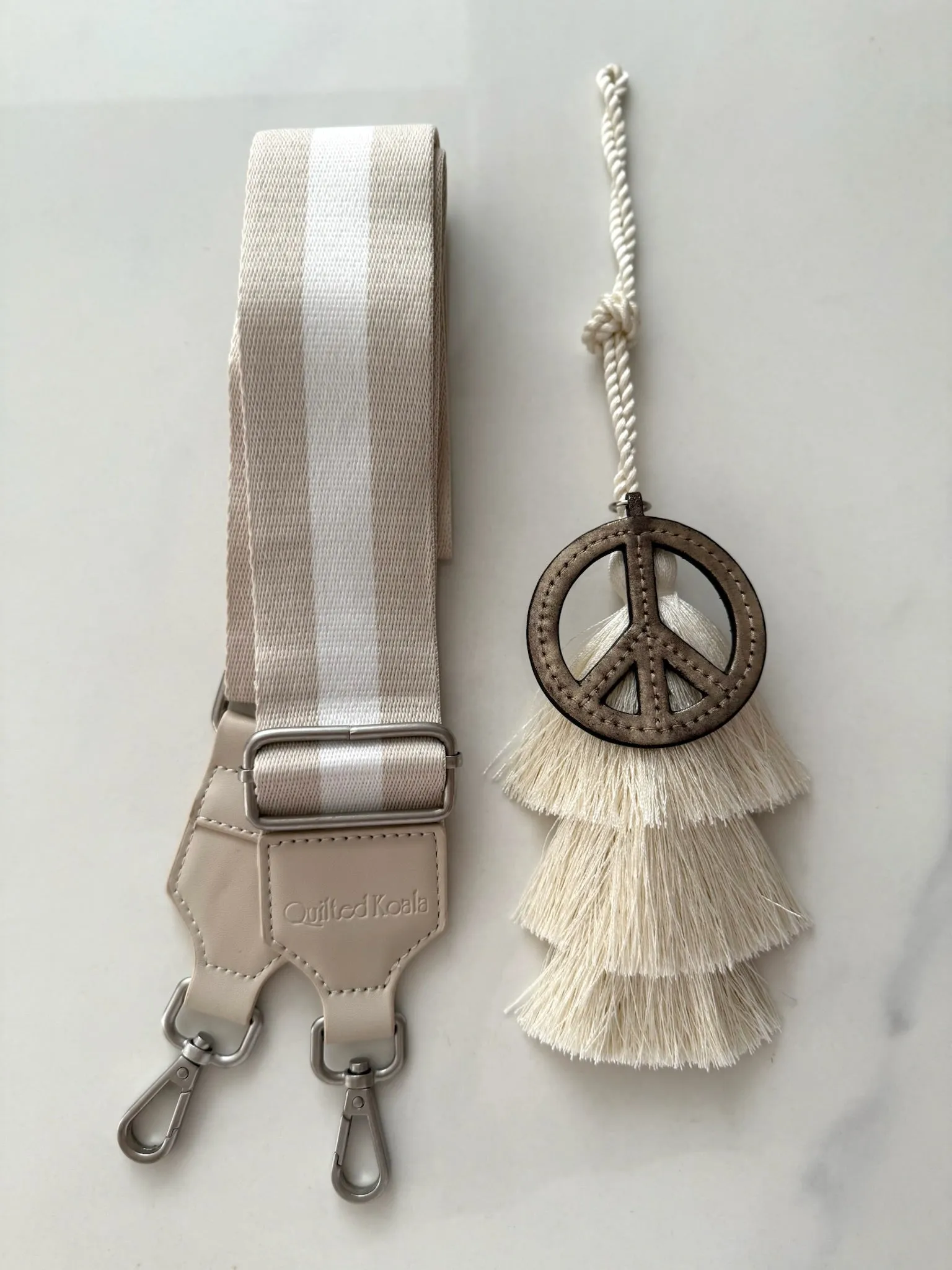 Accessory Bundle: Natural Tassel   Gold Peace Charm   Tan/Cream Stripe Strap