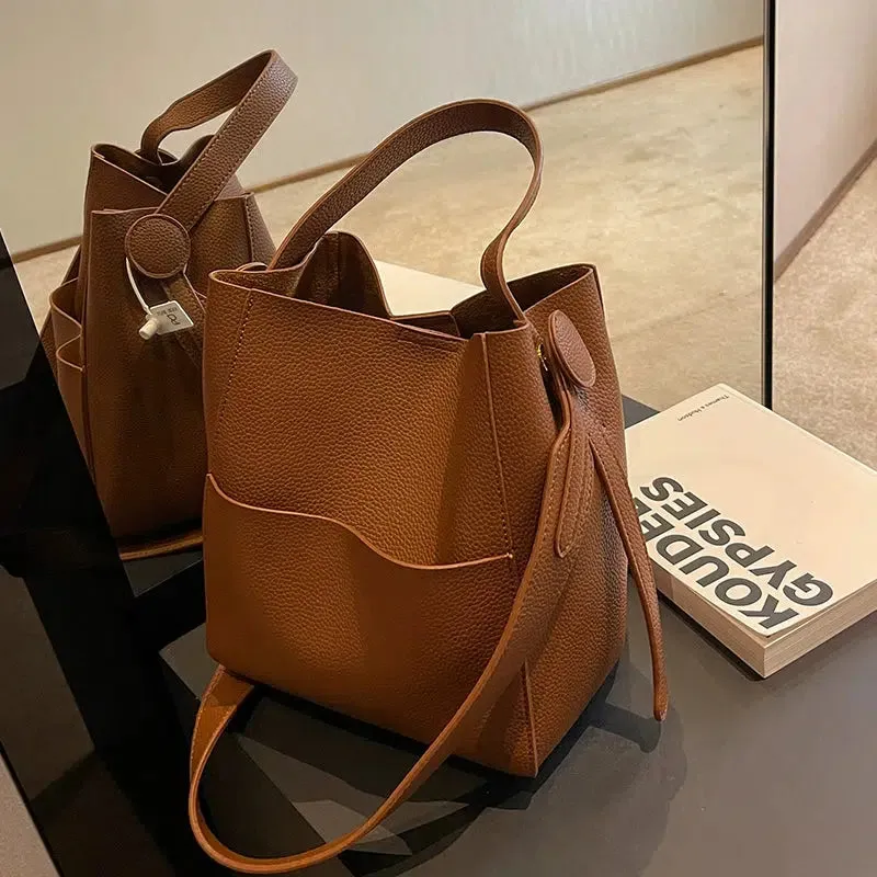 Adjustable Strap Leather Bucket Bag