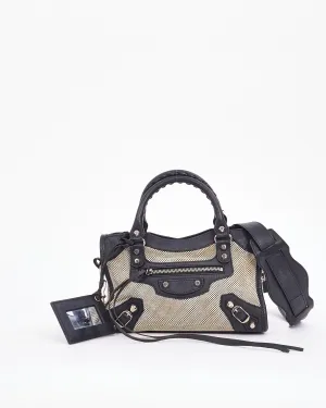 Balenciaga Black & White Leather & Canvas Motocross Classic Mini City Bag