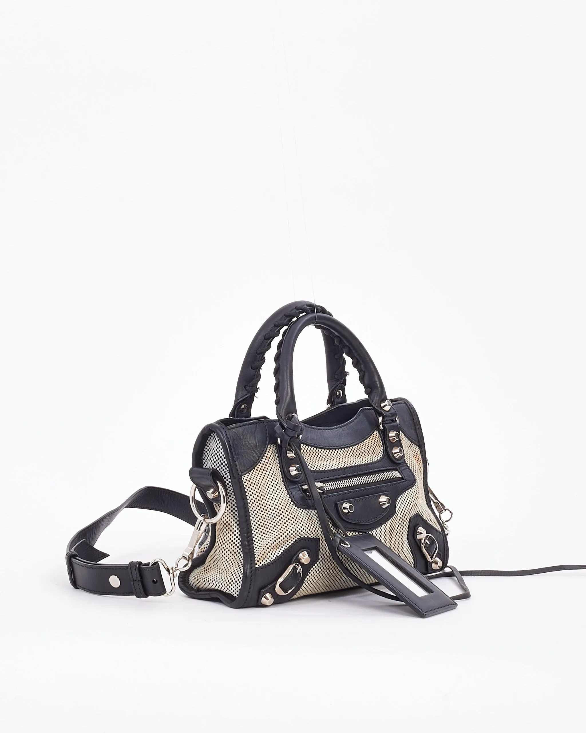 Balenciaga Black & White Leather & Canvas Motocross Classic Mini City Bag