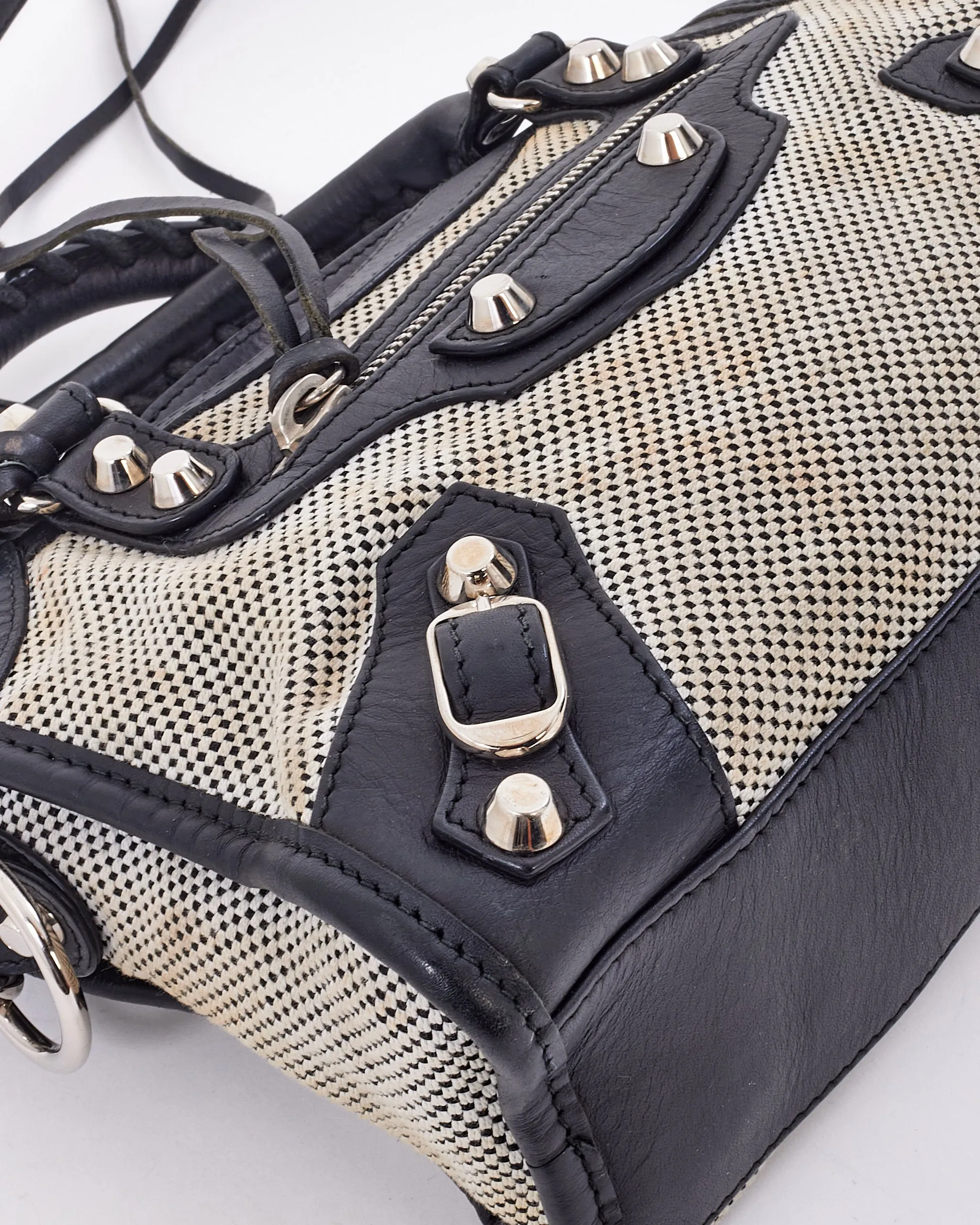 Balenciaga Black & White Leather & Canvas Motocross Classic Mini City Bag