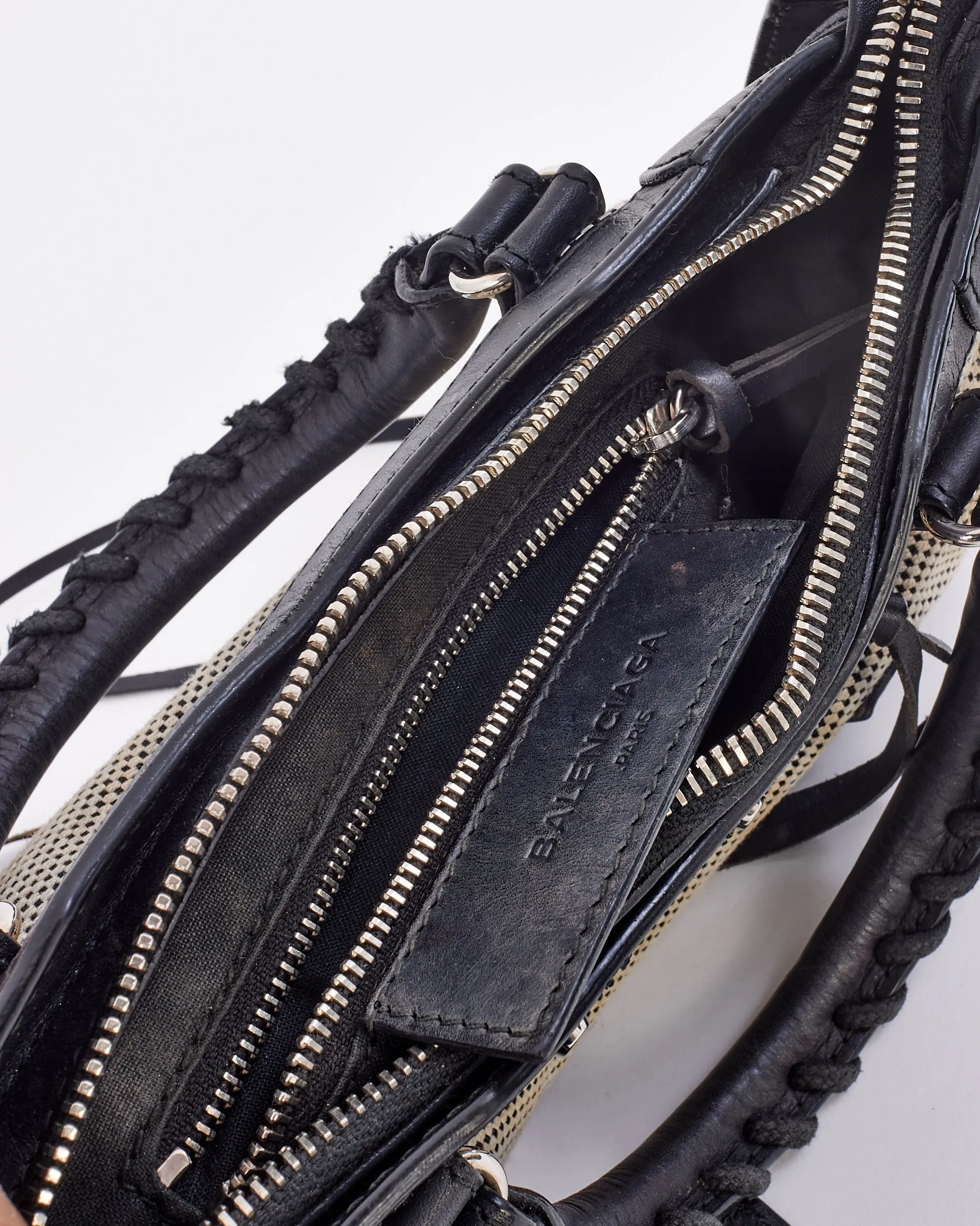 Balenciaga Black & White Leather & Canvas Motocross Classic Mini City Bag