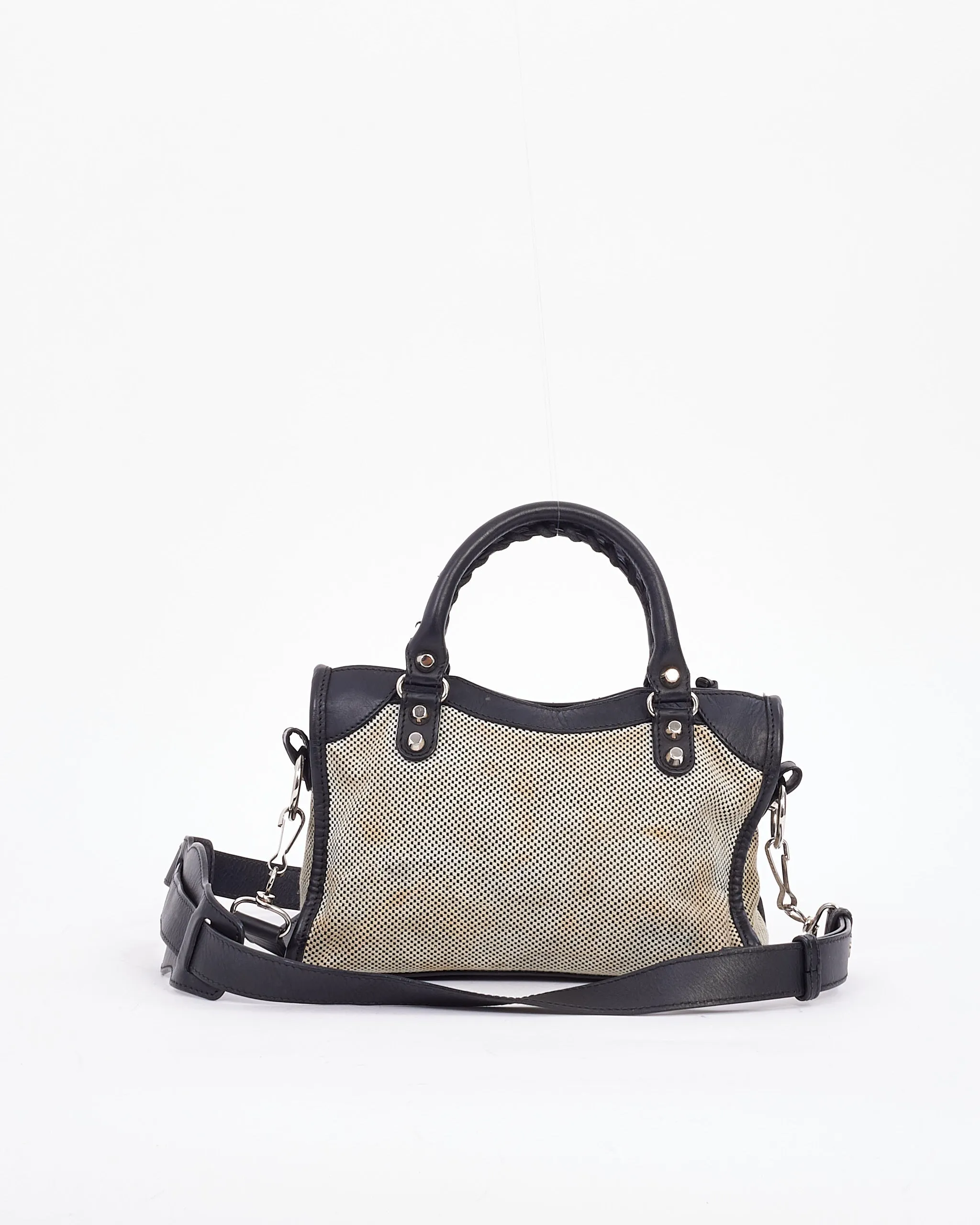 Balenciaga Black & White Leather & Canvas Motocross Classic Mini City Bag