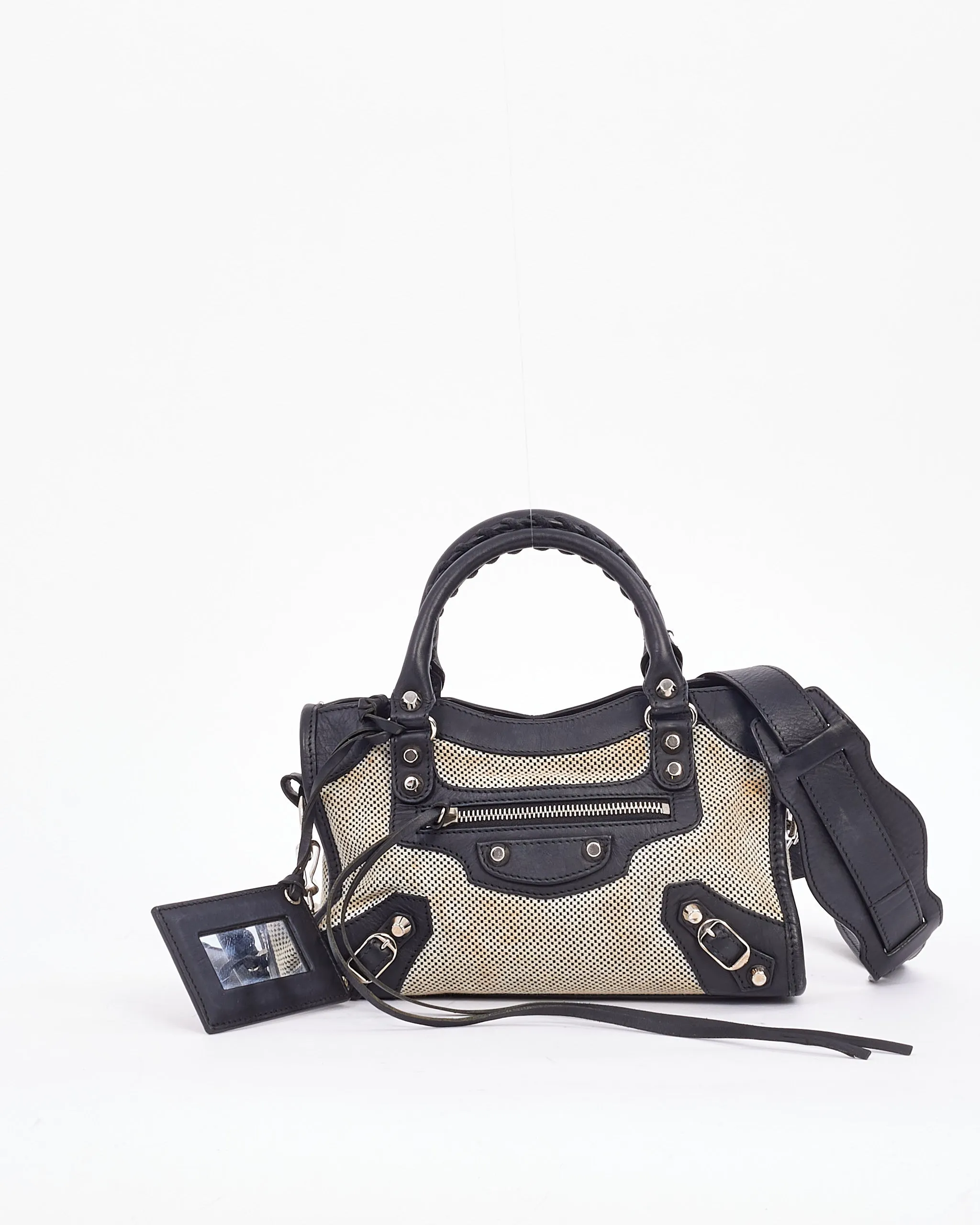 Balenciaga Black & White Leather & Canvas Motocross Classic Mini City Bag