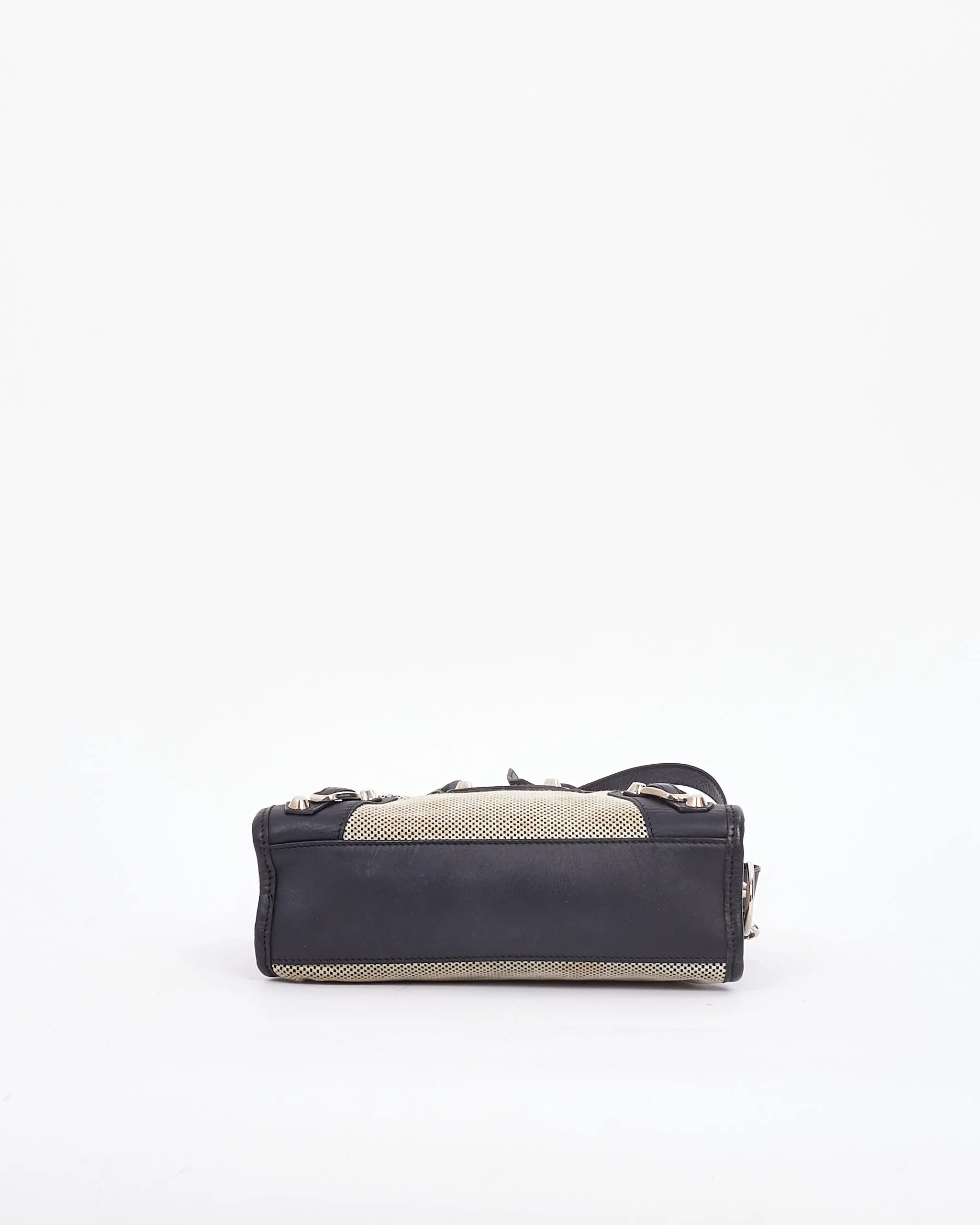 Balenciaga Black & White Leather & Canvas Motocross Classic Mini City Bag