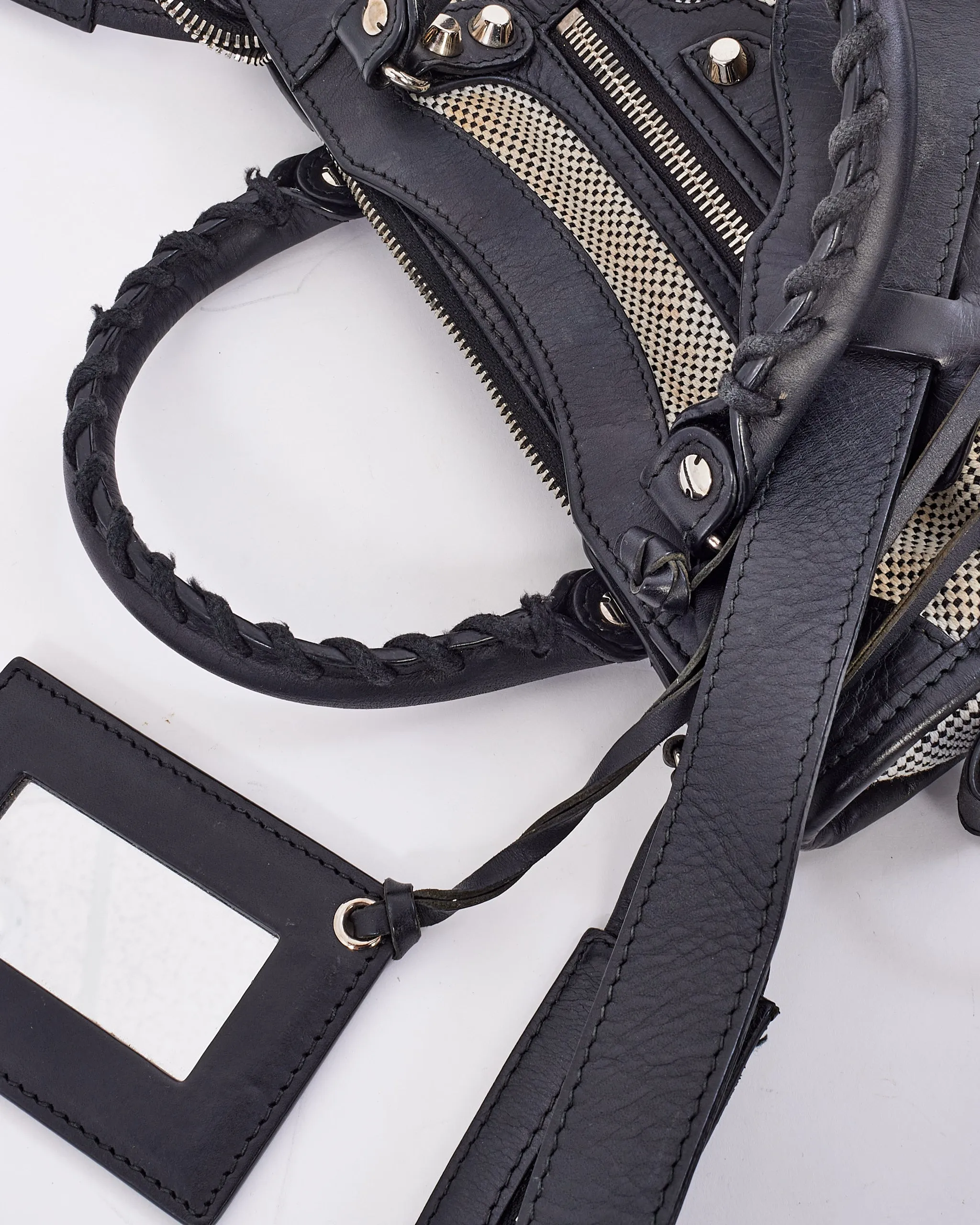 Balenciaga Black & White Leather & Canvas Motocross Classic Mini City Bag