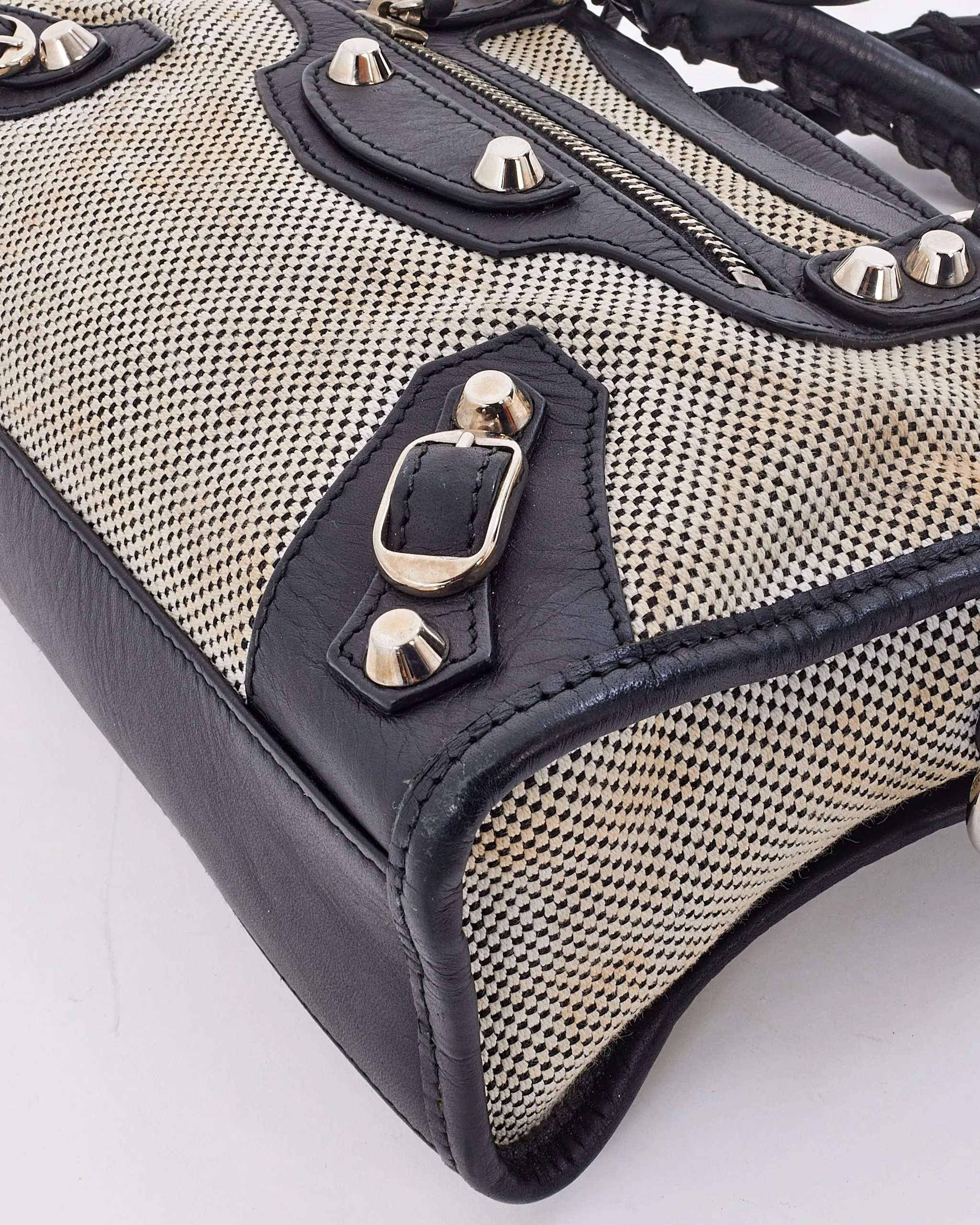 Balenciaga Black & White Leather & Canvas Motocross Classic Mini City Bag