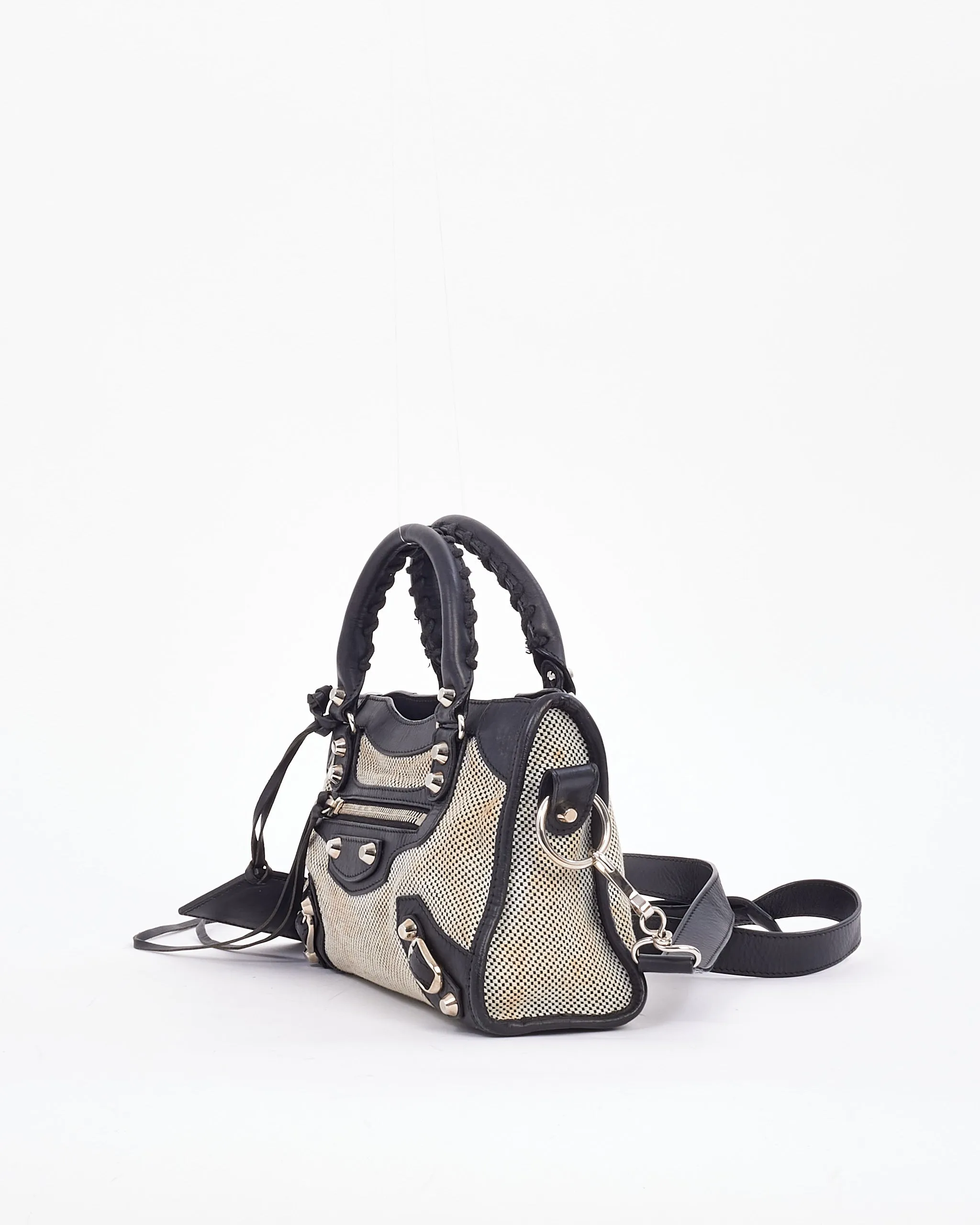 Balenciaga Black & White Leather & Canvas Motocross Classic Mini City Bag
