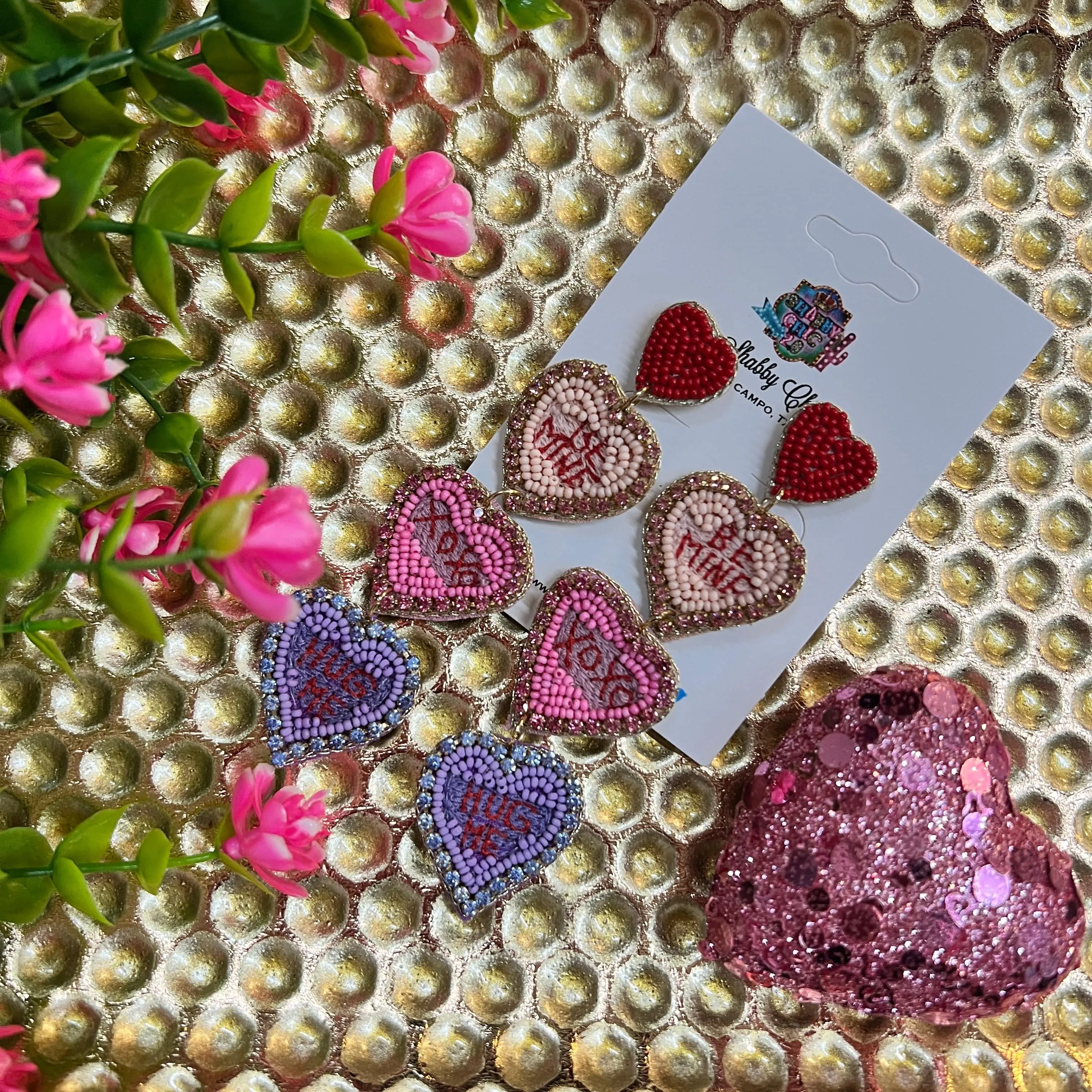 Beaded Conversation Heart Earrings - Be Mine, XOXO, Hug Me,