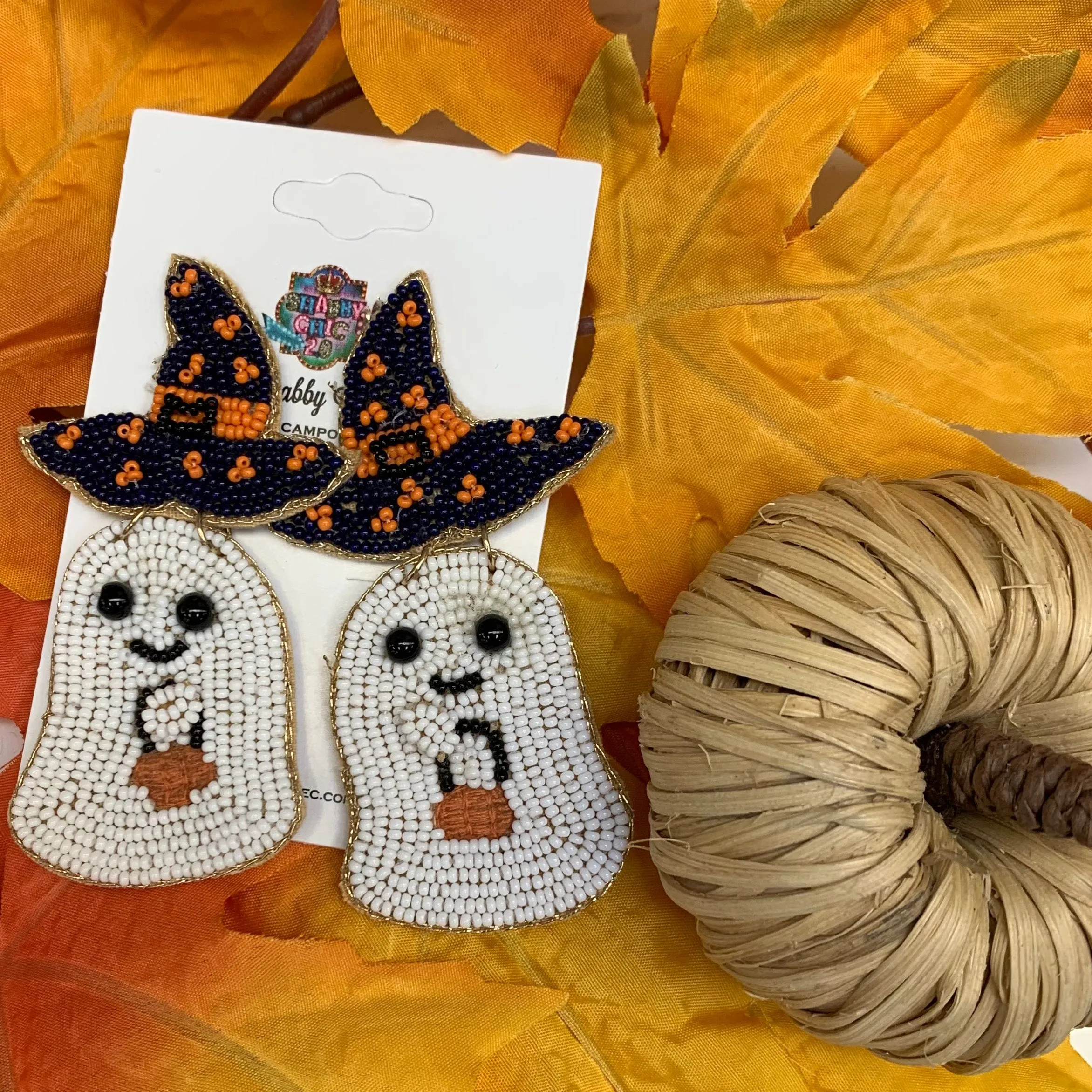 Beaded Ghost with Witch Hat Earrings