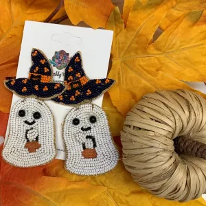 Beaded Ghost with Witch Hat Earrings