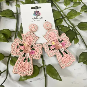 Beaded Pink Cross Earrings