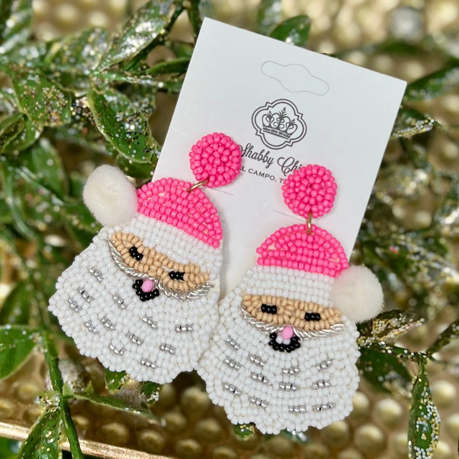 Beaded Pink Hat Santa Earrings