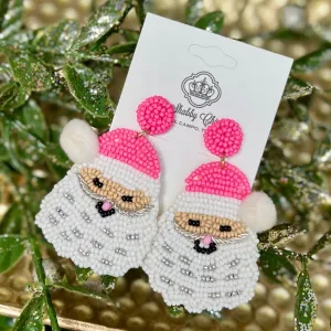 Beaded Pink Hat Santa Earrings