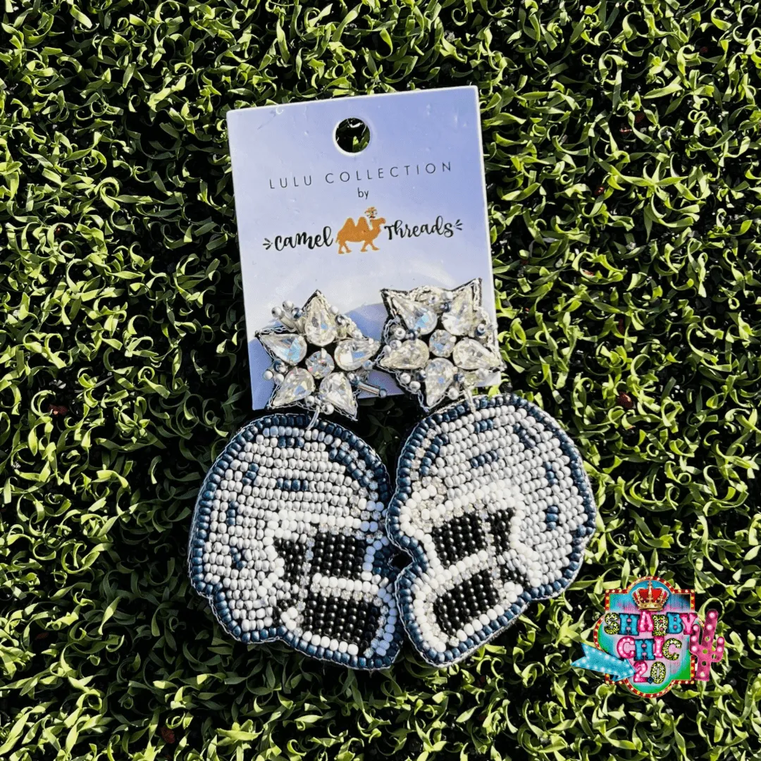 Beaded Silver and Navy Football Helmet Earrings