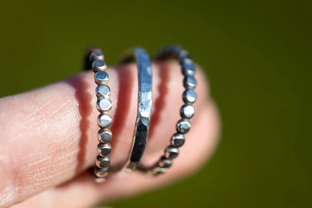 Beaded Solid Sterling Silver Stack Ring Set | Hand-Hammered Artisan Rings