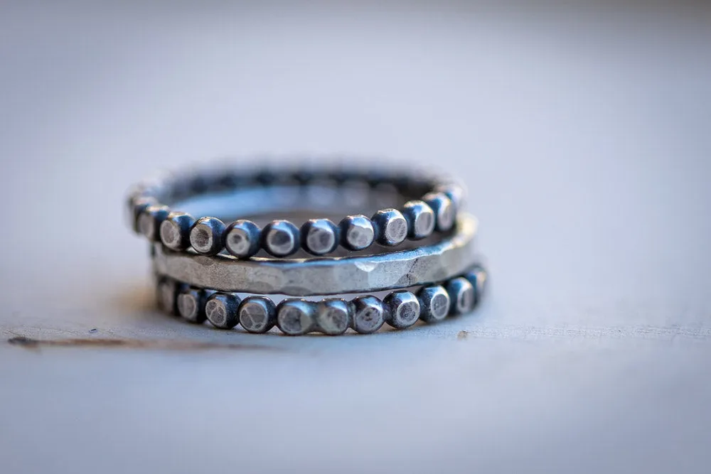 Beaded Solid Sterling Silver Stack Ring Set | Hand-Hammered Artisan Rings