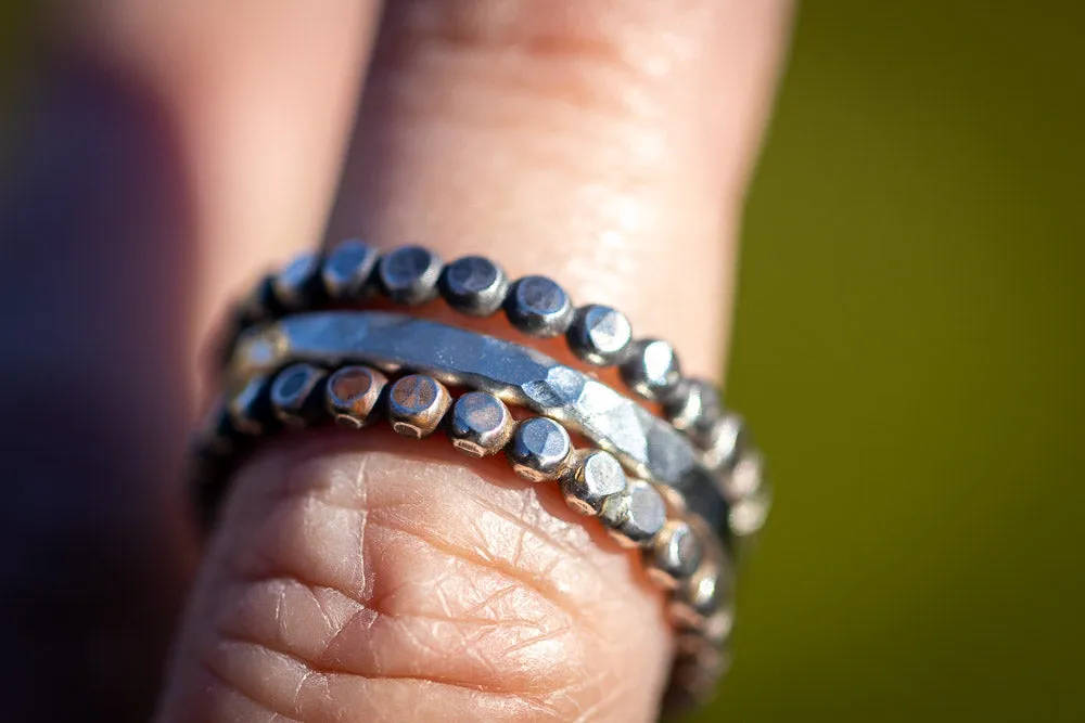 Beaded Solid Sterling Silver Stack Ring Set | Hand-Hammered Artisan Rings
