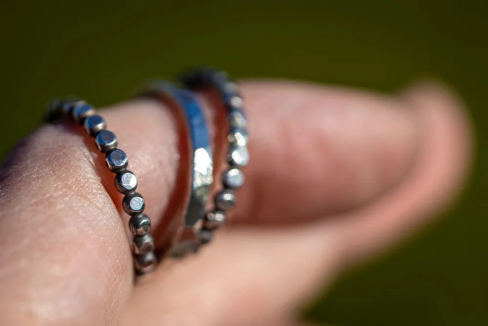 Beaded Solid Sterling Silver Stack Ring Set | Hand-Hammered Artisan Rings