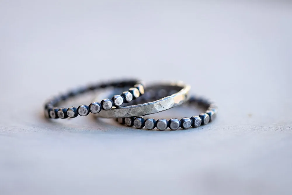 Beaded Solid Sterling Silver Stack Ring Set | Hand-Hammered Artisan Rings