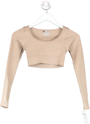 Beige Ribbed Long Sleeve Crop Top UK S