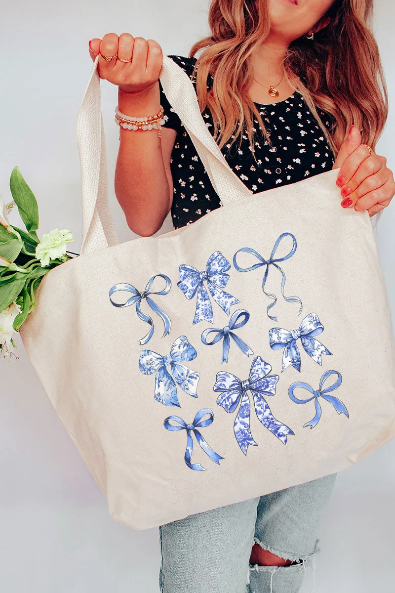 Blue Chinoiserie Bows Canvas Jumbo Tote