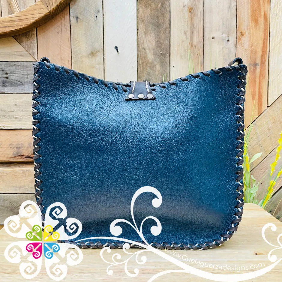 Blue Floral Bouquet Strips Leather Bag