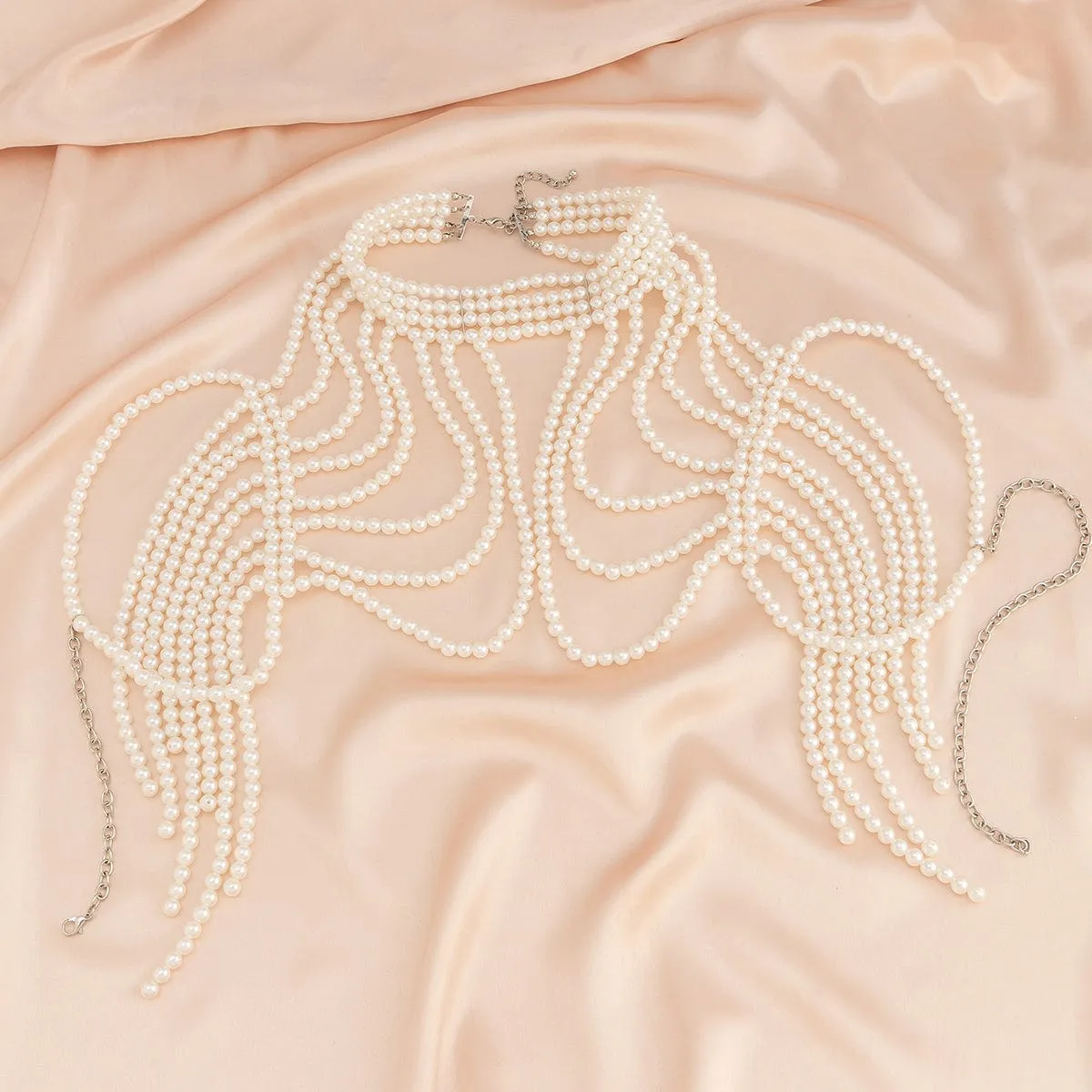 Boho Layered Three Tone Pearl Tassel Chain Shoulder Necklace