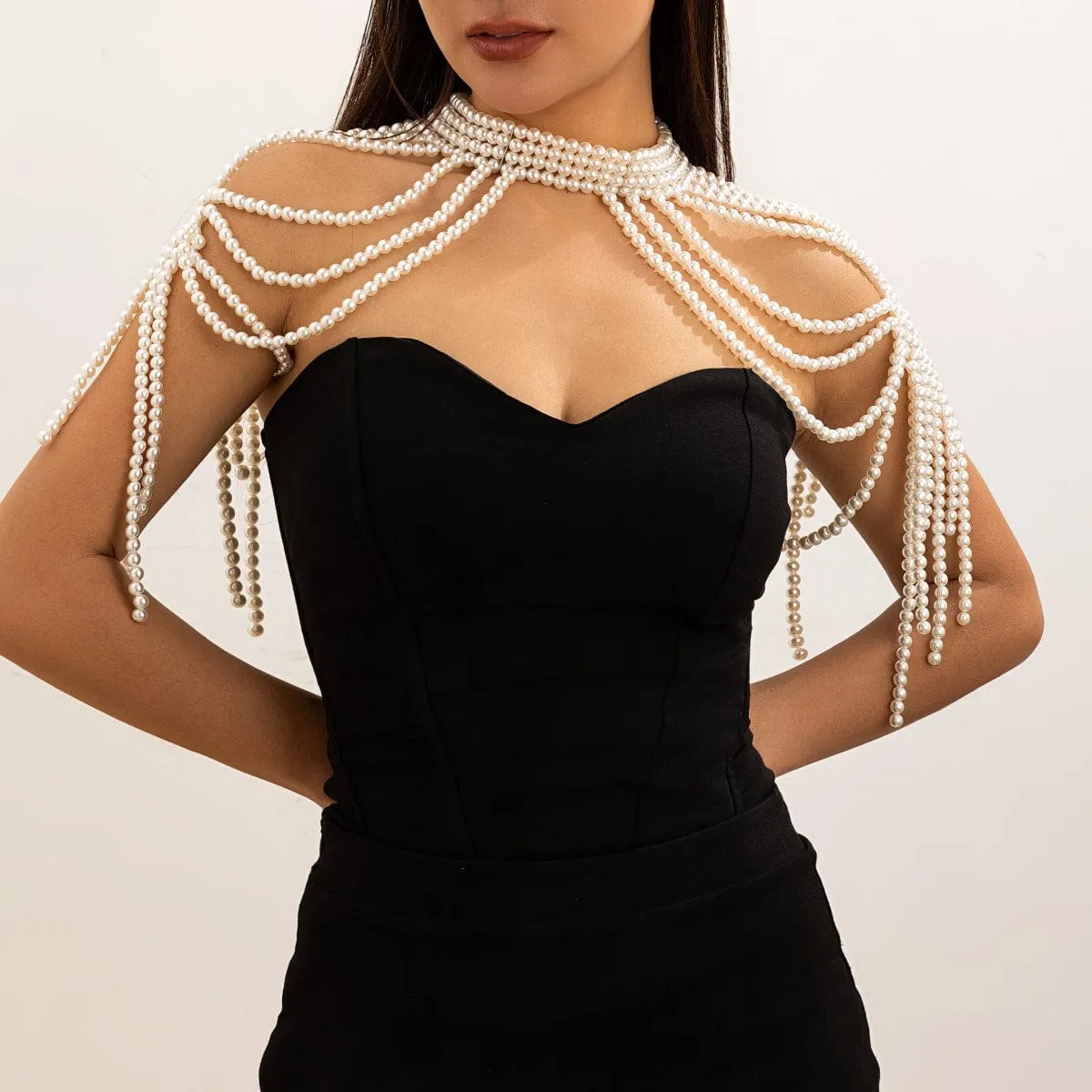 Boho Layered Three Tone Pearl Tassel Chain Shoulder Necklace