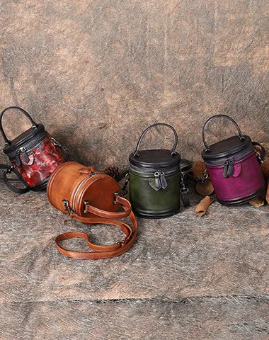 Brown Leather Womens Bucket Handbag Barrel Shoulder Bag Crossbody Purse for Ladies