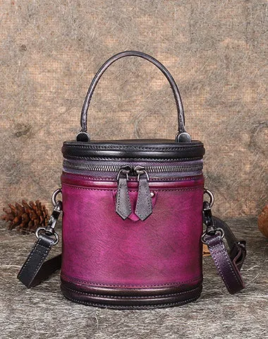 Brown Leather Womens Bucket Handbag Barrel Shoulder Bag Crossbody Purse for Ladies