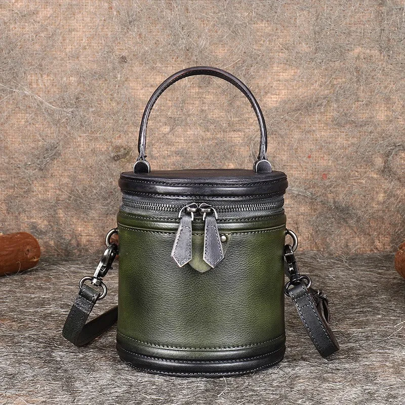 Brown Leather Womens Bucket Handbag Barrel Shoulder Bag Crossbody Purse for Ladies