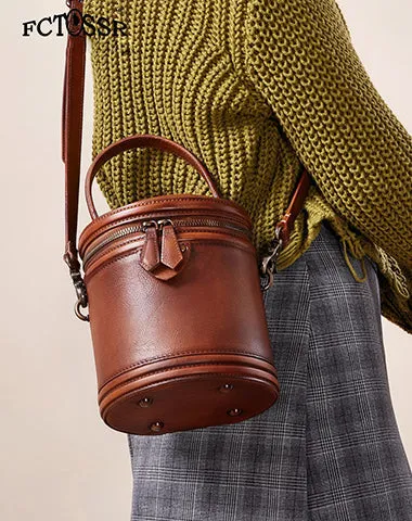 Brown Leather Womens Bucket Handbag Barrel Shoulder Bag Crossbody Purse for Ladies