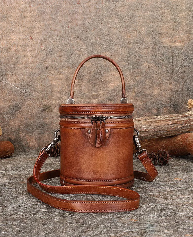 Brown Leather Womens Bucket Handbag Barrel Shoulder Bag Crossbody Purse for Ladies