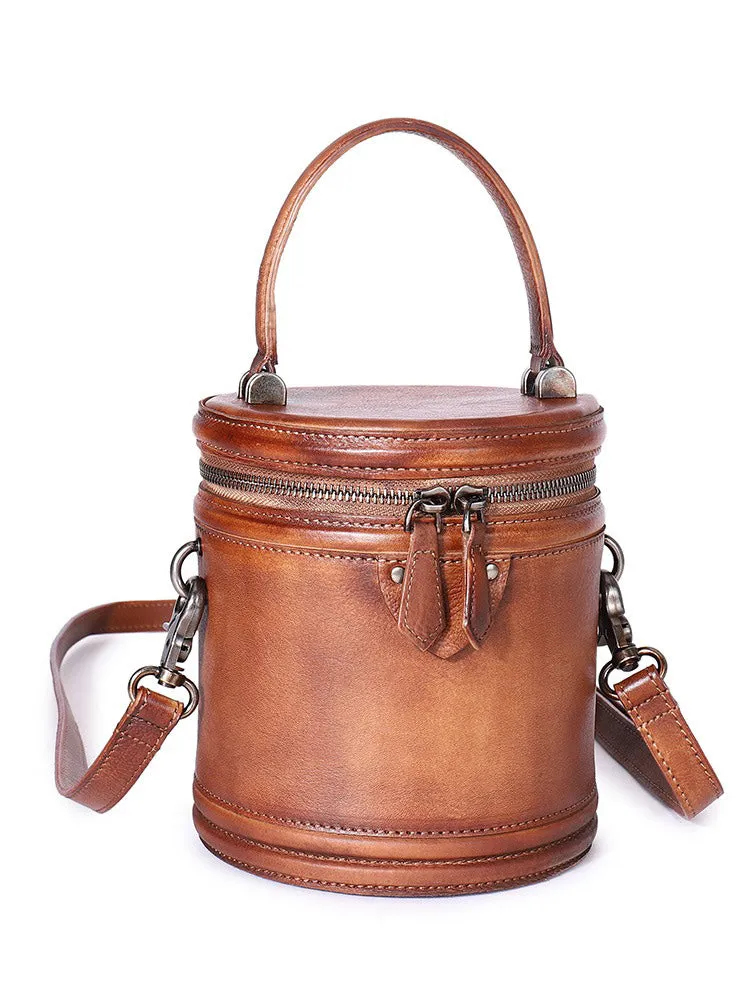 Brown Leather Womens Bucket Handbag Barrel Shoulder Bag Crossbody Purse for Ladies