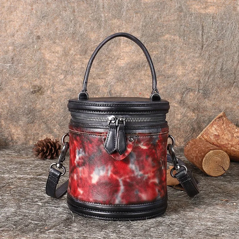 Brown Leather Womens Bucket Handbag Barrel Shoulder Bag Crossbody Purse for Ladies